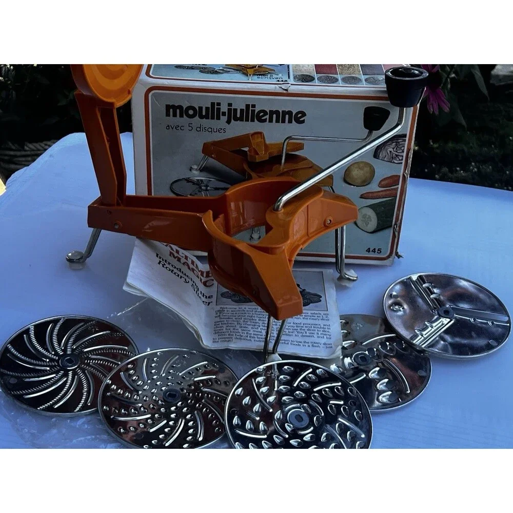 Vintage Mouli Julienne 445 Rotary Grater Slicer 5 Discs Box Made France Complete